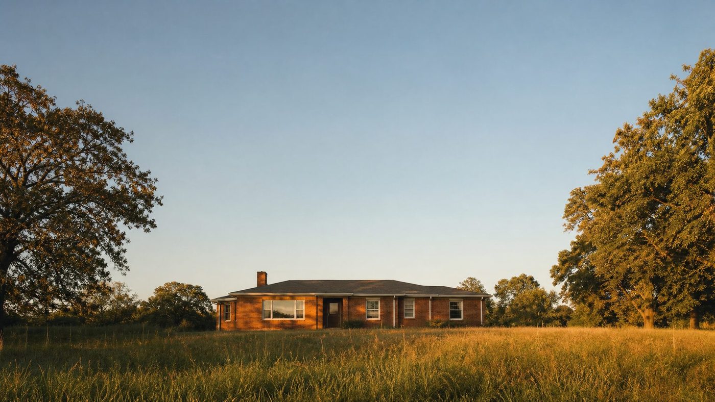 A modest single story brick house sitting in an open grassy lot at golden hour, with a wide clear evening sky above it.