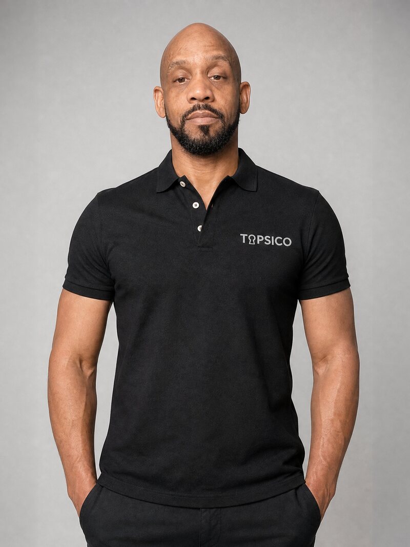 Torian of TOPSICO LLC, wearing a black TOPSICO polo shirt against a light grey background.