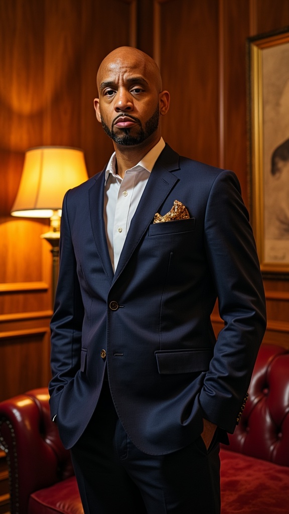Torian Wallace, owner of TOPSICO LLC, standing in a wood panelled room in a navy suit.